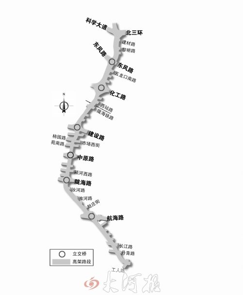 截至目前，僅剩西三環(huán)跨長江路、丹青路高架橋金水河處一座箱梁尚未澆筑。