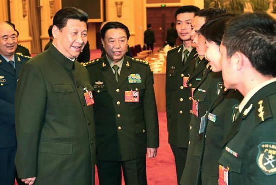 中共中央總書記、中共中央軍委主席習(xí)近平出席十二屆全國(guó)人大一次會(huì)議解放軍代表團(tuán)全體會(huì)議并發(fā)表重要講話。