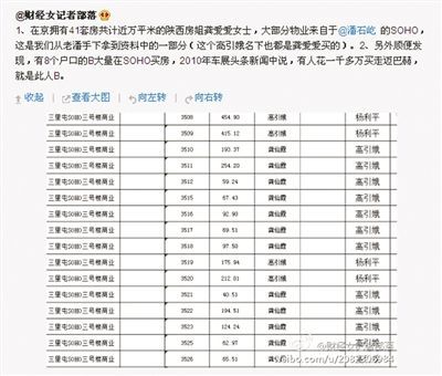 網(wǎng)友“財(cái)經(jīng)女記者部落”微博稱(chēng)，“房姐”多處房產(chǎn)購(gòu)自潘石屹的SOHO中國(guó)。網(wǎng)絡(luò)截圖