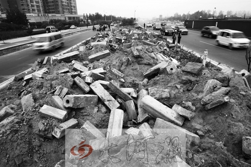 中州大道部分路段，綠化帶成了垃圾場。