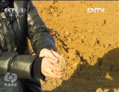 麻剛沙系麻剛石粉碎而成。記者找到一塊麻剛石，一捏就碎成粉末，硬度非常差。央視截圖