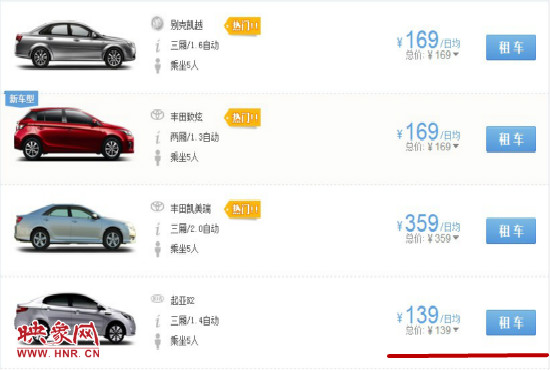平時(shí)部分汽車租車價(jià)格。