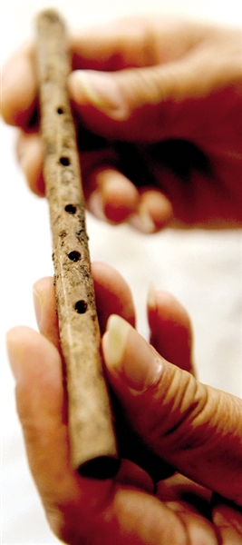 這是近日出土的用丹頂鶴尺骨制成的五孔骨笛。新華社發(fā)