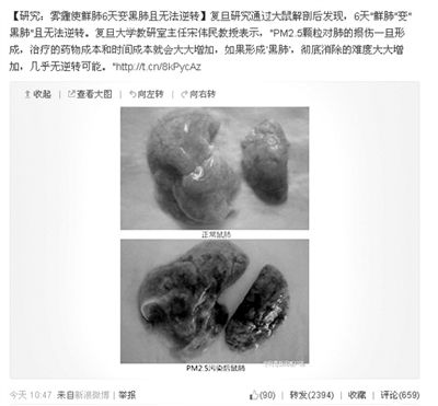 昨天，一則“霧霾使鮮肺6天變黑肺”的新聞在網上引發(fā)熱議。網絡截圖