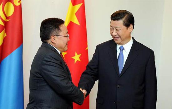 去年9月12日，國家主席習近平在比什凱克會見蒙古國總統(tǒng)額勒貝格道爾吉。 新華社記者謝環(huán)馳攝