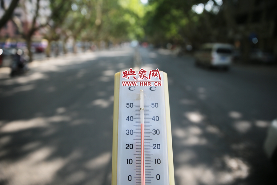 7月8日下午15時30分，人民路樹陰處溫度為36度，比人防納涼處高11度。