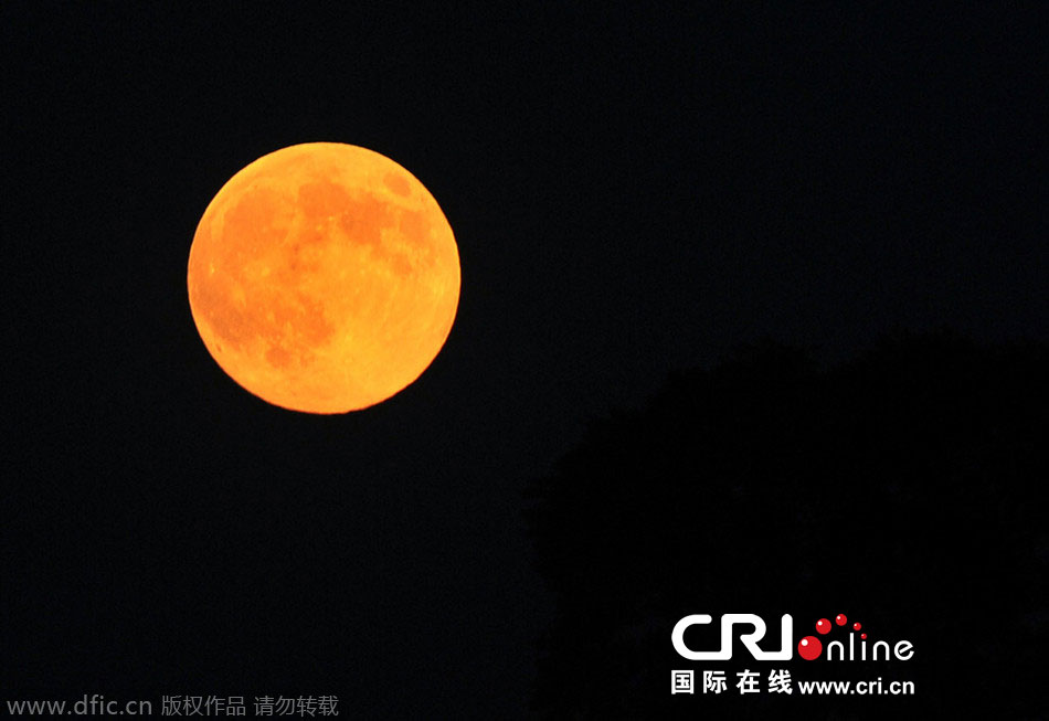 8月10日晚，一輪金燦燦的大月亮在遼寧省大連市東方升起。圖片來源：劉德斌/東方IC