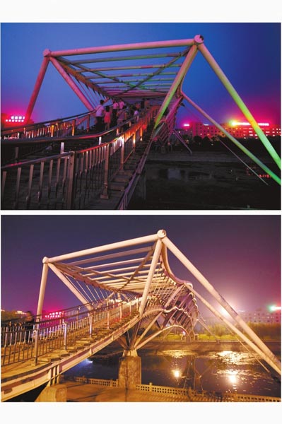 花園路西側(cè)東風(fēng)渠景觀橋，上圖攝于7月31日晚間，下圖攝于10月9日晚間。