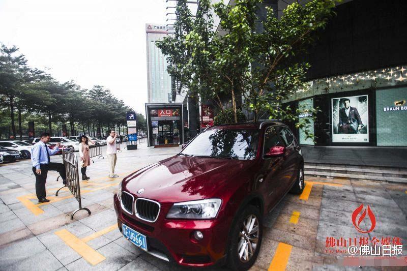 一輛停在停車位上的寶馬轎車，被墜落的樹枝砸中，樹枝徑直插入車內(nèi)，現(xiàn)場引發(fā)不少市民圍觀拍照。