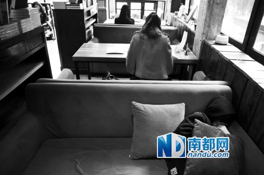 12月12日上午，不打烊書店里，12歲的楊東吃完午飯后抱著抱枕蜷在沙發(fā)里睡覺。
